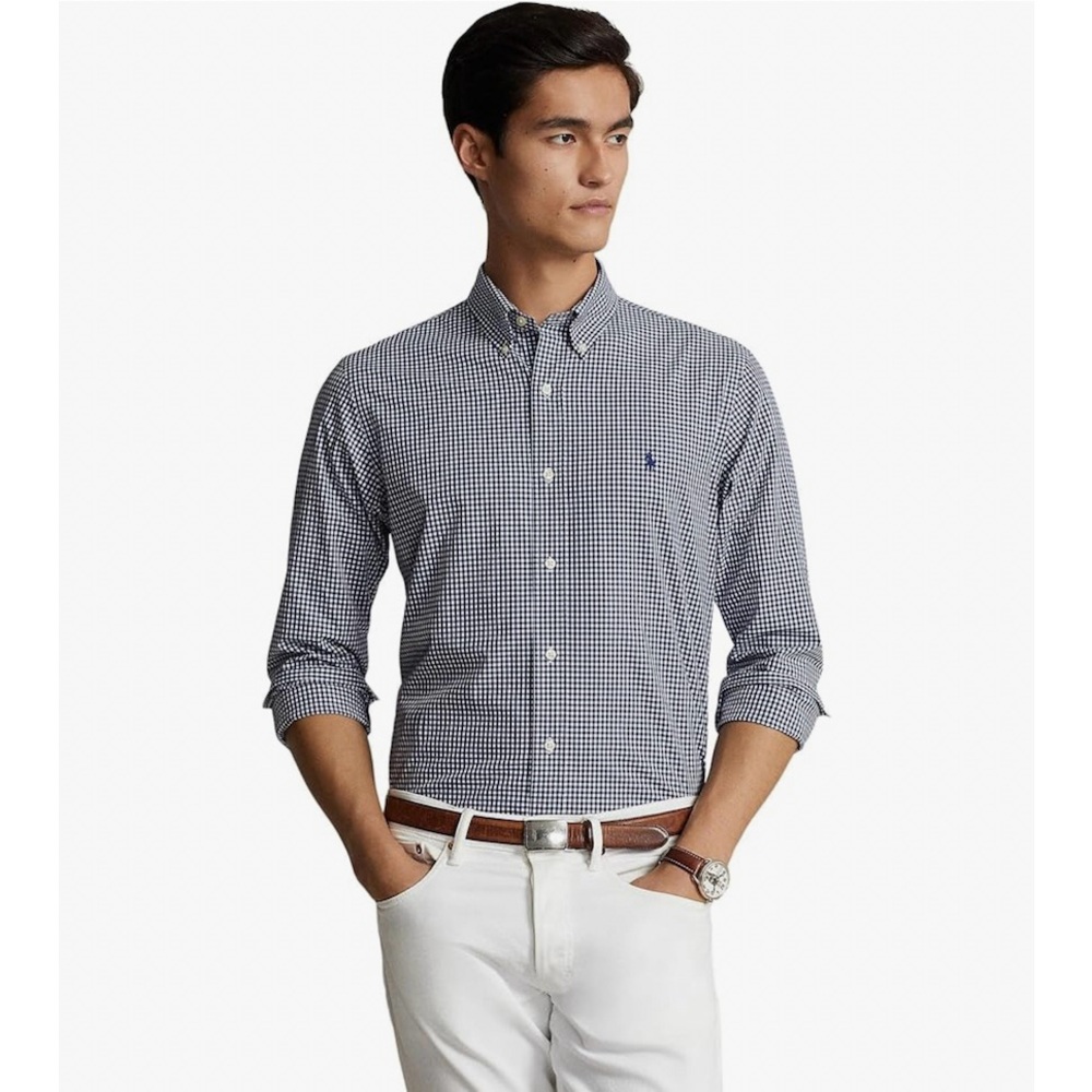 Ralph Lauren Button Up Casual Navy White Checkered Shirt Slim Fit Size XL EUC!